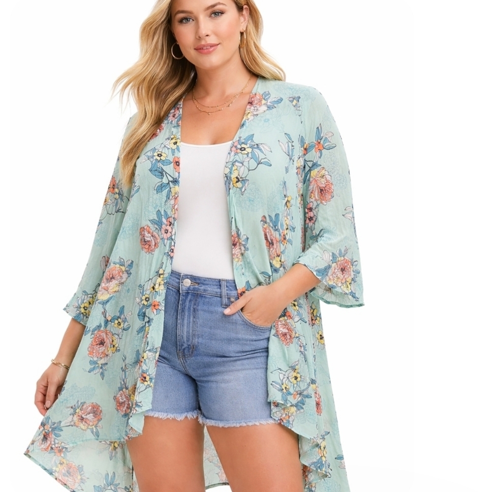 Torrid Floral Kimono Cardigan Mint Green Open Front Boho Flowy Lightweight 3/4